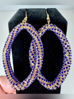Gold-tone Royal Blue Crystal Studded Hoop Earrings #1744